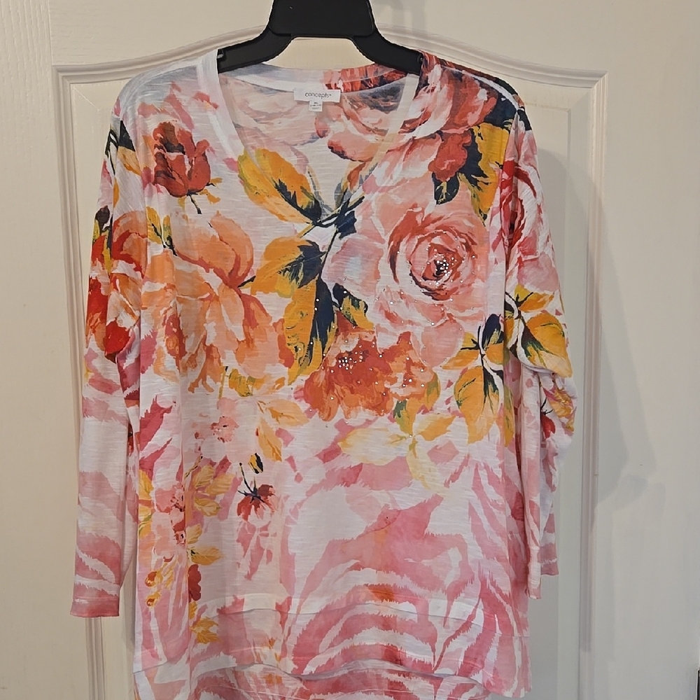 Concepts Long Sleeve Floral Top with rhinestone accents. Size XL